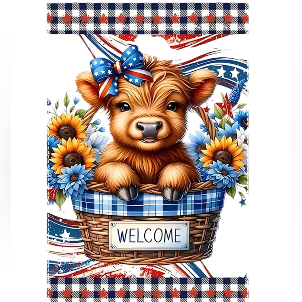 NIP WELCOME  Burlap Garden Flag 12” x 18” HIGHLAND COW, BASKET, Florals